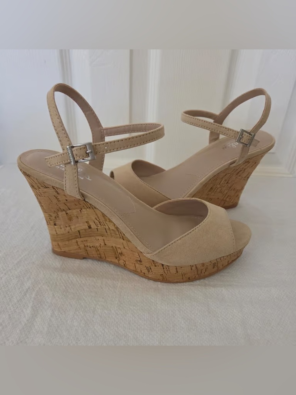 Time and Tru Nude Beige Cork Wedge Sandals with Ankle Strap